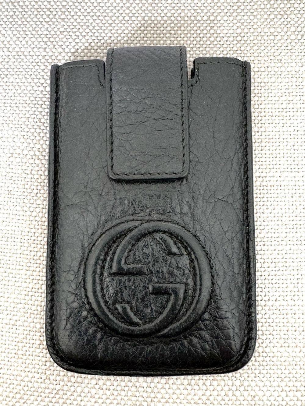 Gucci Black Leather Phone Sleeve/Case with Embossed Logo